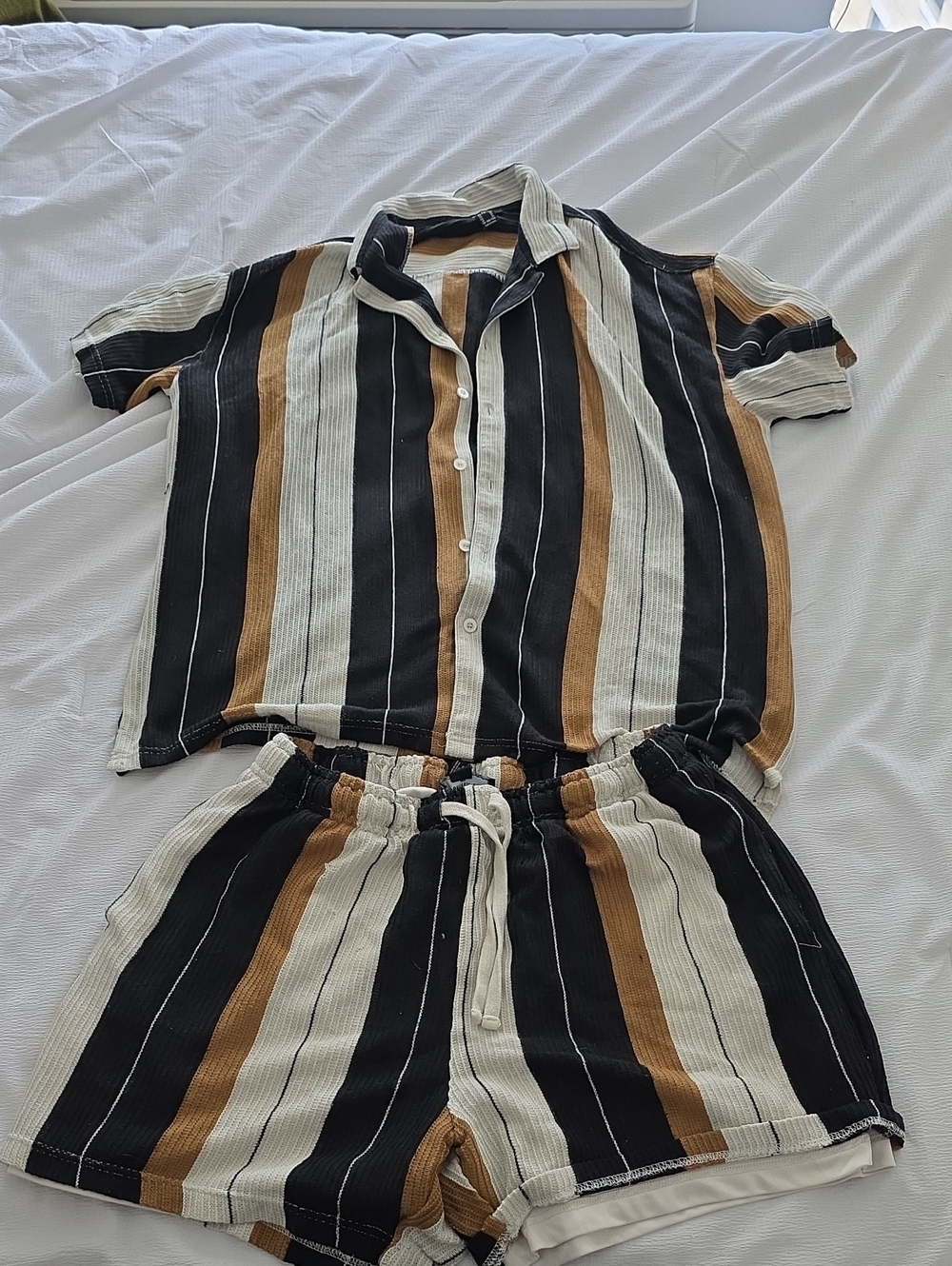 H&M Striped Short Sleeve Button-Up & Drawstring Shorts Set